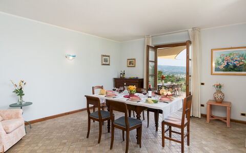 Villa Irene 6: Furniture, Interior Design, Flooring, Table, Chair, Floor, Dining Room, Room, Kitchen & Dining Room Table, Ceiling