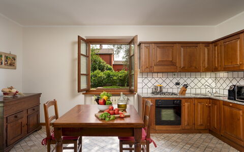 Villa Irene 6: Furniture, Interior Design, Kitchen, Flooring, Cabinetry, Wood, Countertop, Kitchen Appliance, Home, Floor
