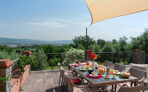 Villa Irene 6: Furniture, Chair, Outdoor Furniture, Table, Outdoor Table, Kitchen & Dining Room Table, Shade, Restaurant, Garden, Leisure