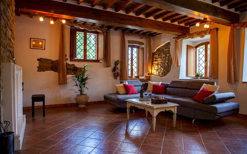 Podere Montioni 6+2: Furniture, Interior Design, Flooring, Wall, Wood, Floor, Room, Ceiling, Table, Living Room