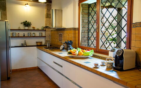 Podere Montioni 6+2: Kitchen, Countertop, Kitchen Appliance, Interior Design, Flooring, Wood, Major Appliance, Cabinetry, Kitchen Sink, Home