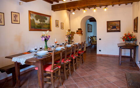 Podere Montioni 6+2: Furniture, Wood, Flooring, Interior Design, Table, Dining Room, Floor, Flowerpot, Kitchen & Dining Room Table, Chair