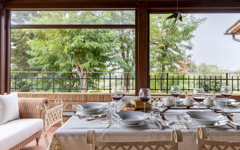 Villa Binetti 7: Furniture, Table, Interior Design, Chair, Wood, Kitchen & Dining Room Table, Dining Room, Room, Restaurant, Shade