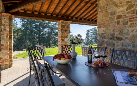 Villa Dada 10: Furniture, Chair, Table, Flooring, Interior Design, Kitchen & Dining Room Table, Brick, Stone Wall, Ceiling, Living Room