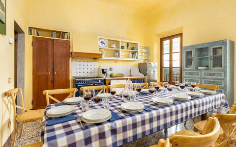 Villa Treggiaia 12+2: Furniture, Interior Design, Flooring, Table, Kitchen & Dining Room Table, Chair, Floor, Dining Room, Room, Ceiling