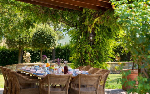 Villa Allodola 12: Furniture, Table, Outdoor Furniture, Outdoor Table, Chair, Garden, Shade, Flowerpot, Kitchen & Dining Room Table