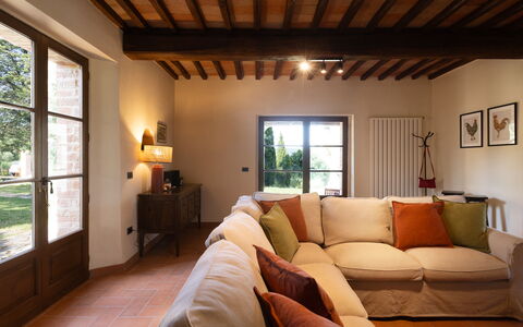Podere San Lorenzo 12: Furniture, Interior Design, Flooring, Wall, Floor, Couch, Wood, Ceiling, Room, Living Room