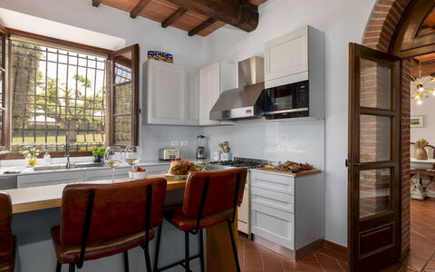 Villa la Monarca 16: Furniture, Interior Design, Kitchen, Flooring, Kitchen Appliance, Wall, Countertop, Cabinetry, Wood, Ceiling