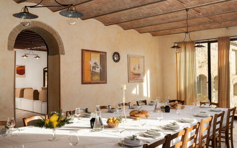 Villa le Beringhe 30: Furniture, Interior Design, Wall, Table, Chair, Ceiling, Kitchen & Dining Room Table, Light Fixture, Dining Room, Lighting