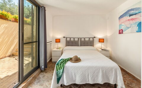 Villa Althaea 6: Furniture, Interior Design, Wall, Flooring, Floor, Bed, Wood, Bedroom, Room, Ceiling