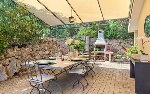 Villa Althaea 6: Furniture, Table, Outdoor Furniture, Chair, Kitchen & Dining Room Table, Outdoor Table, Flowerpot, Garden, Shade, Patio