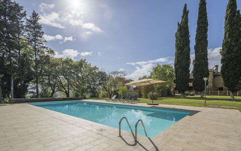 Casa Clara Pool, Casole Elsa, Monti: Blue, Tree, Swimming Pool, Shade, Garden, Landscaping, Evergreen, Outdoor Furniture, Resort
